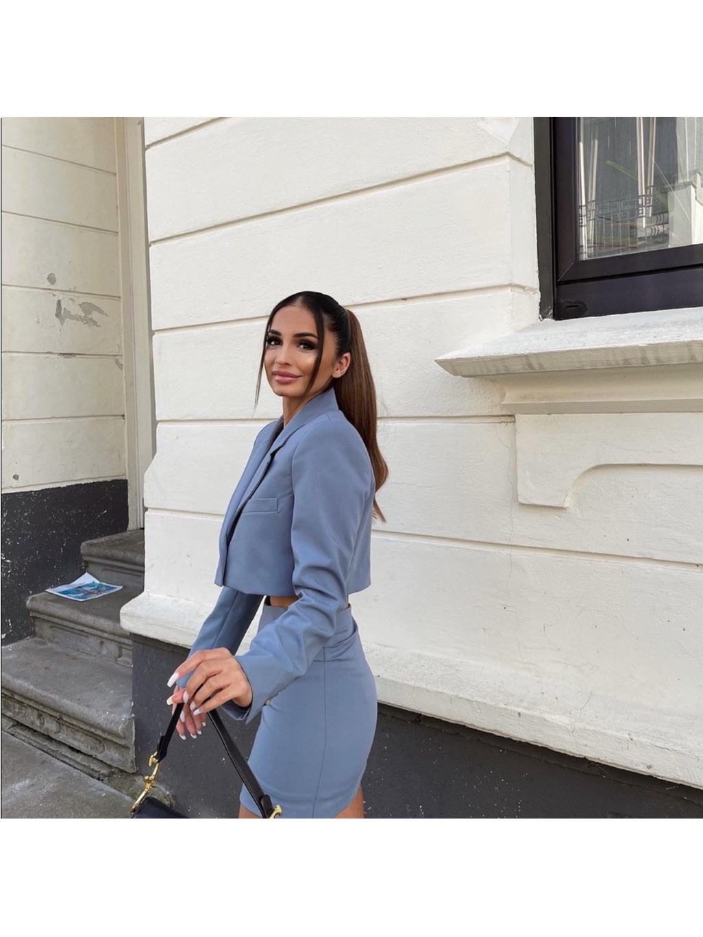 2pc Set Zara Cropped Blazer And Skirt Set In Dusty Blue